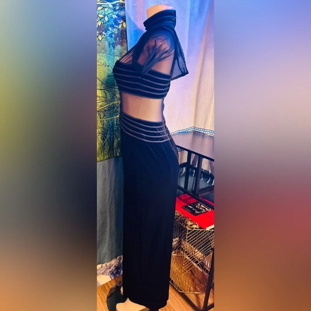 SALENOW•Cache Black Sheer-Panel Long Sleeve Cutout Velvet & Chiffon Gown - Picture 5 of 10